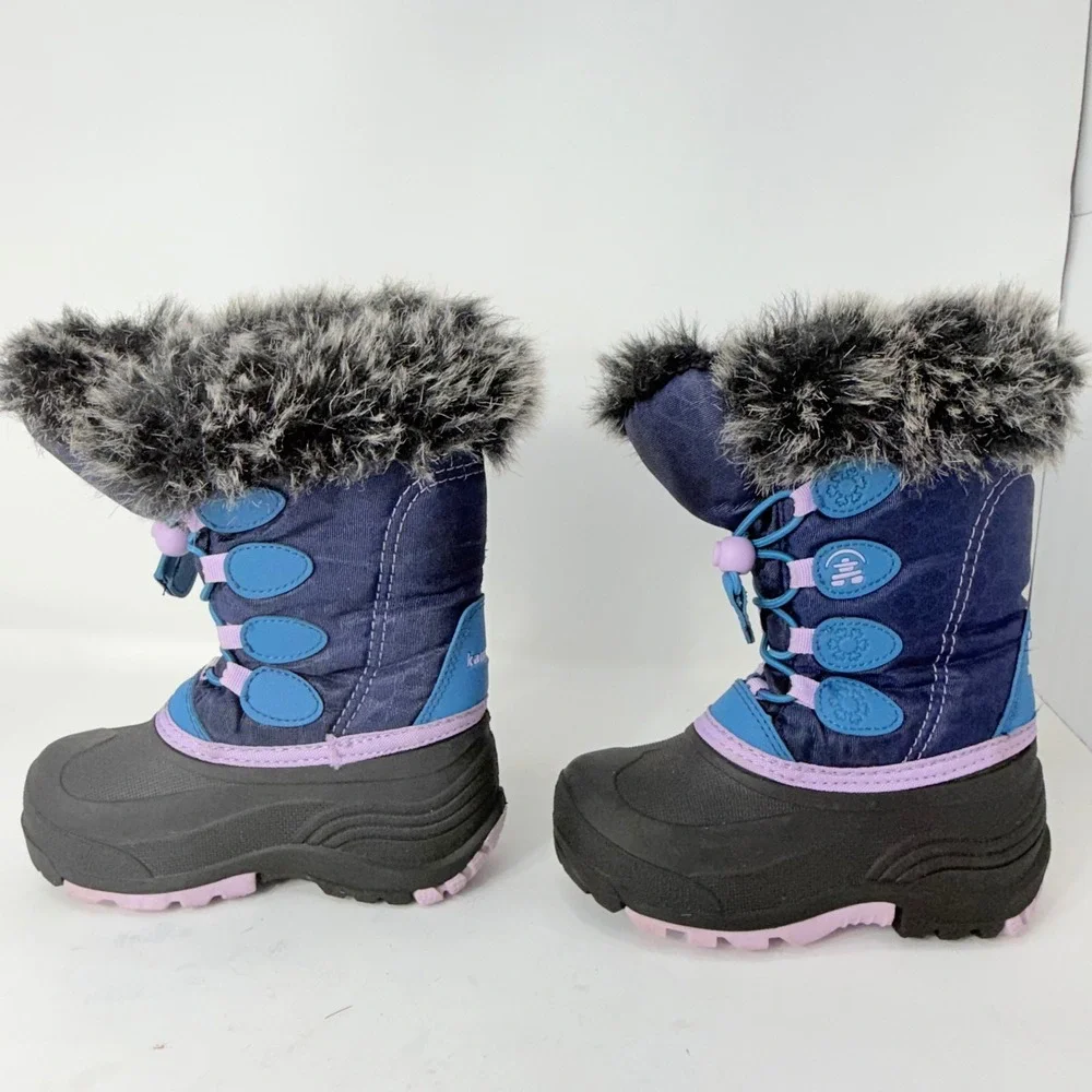 Kamik Kids Navy Blue Faux Fur Trim Waterproof Winter Snow Boots Bungee Toggle